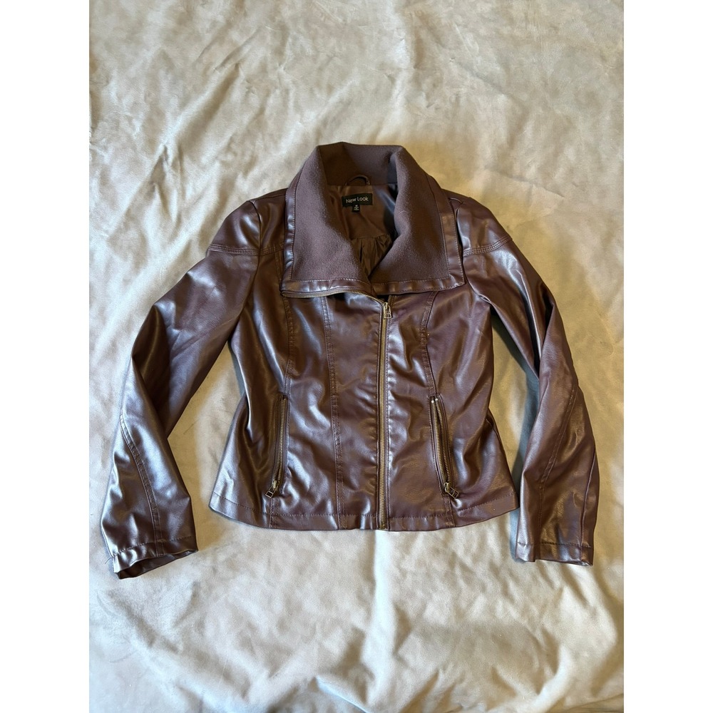 New Look Womens Faux Leather Moto Jacket Burgundy Brown Rib Knit Collar Size M